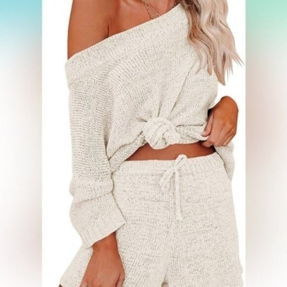 Ermonn Sweaters - Cream Off the Shoulder Sweater - Lightweight Knit Sweater Cowl Neck -
